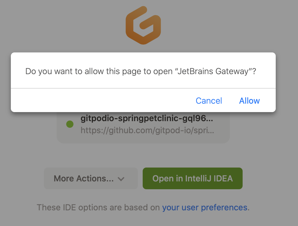 在浏览器中打开 JetBrains Gateway