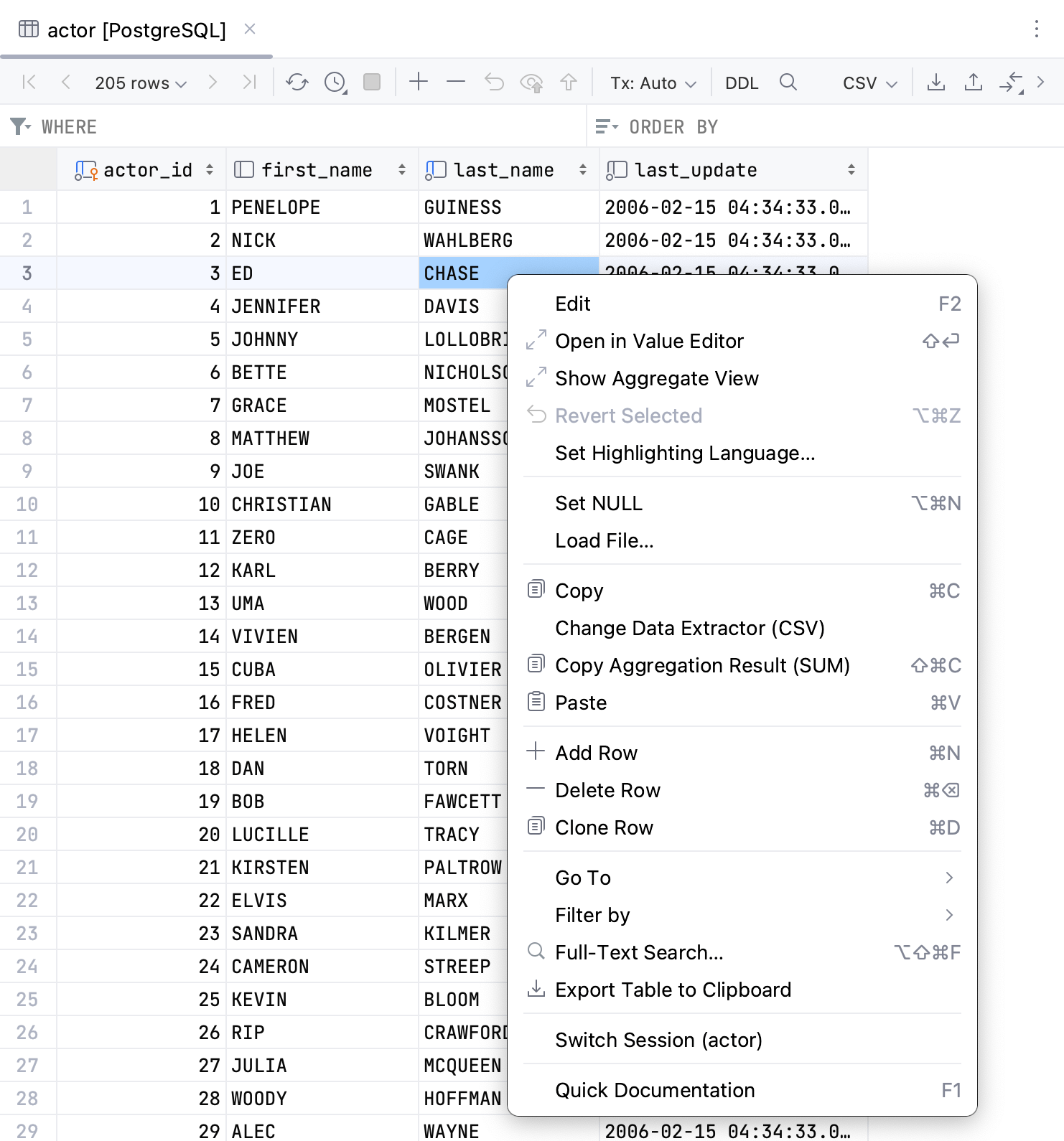 数据编辑器中单元格的上下文菜单