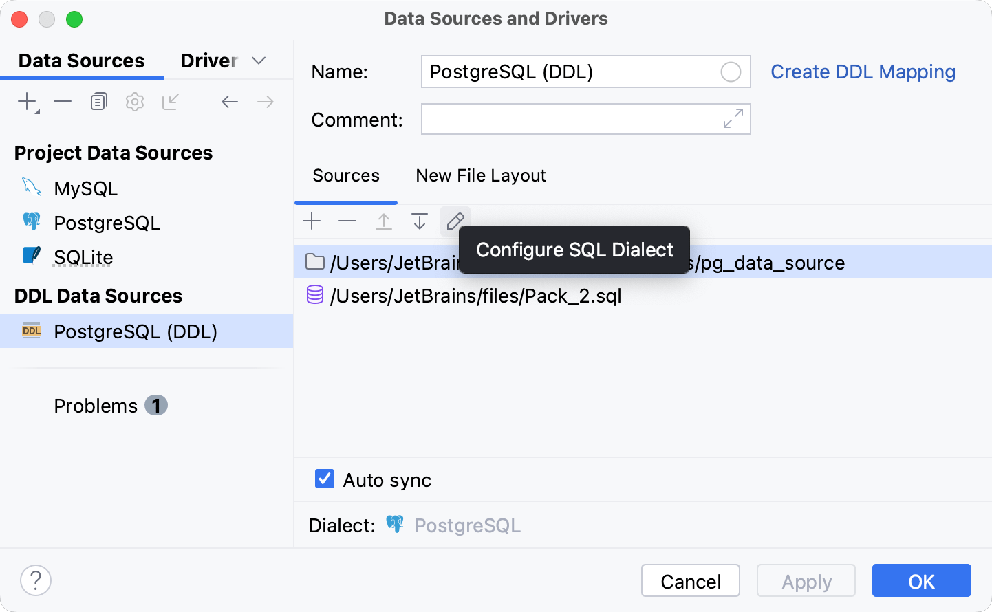 为 DDL 数据源中的 SQL 文件设置方言