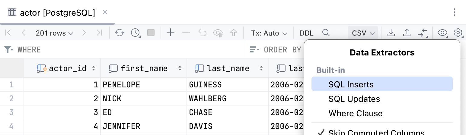 数据编辑器工具栏上的数据提取器列表