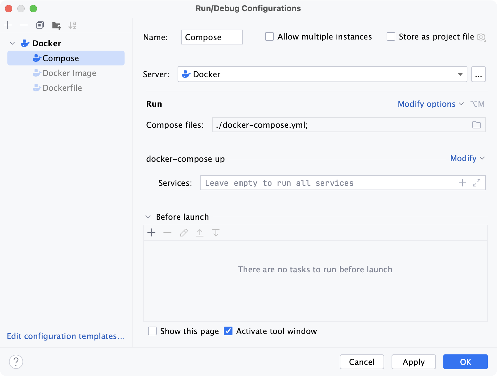 Docker Compose 运行配置对话框