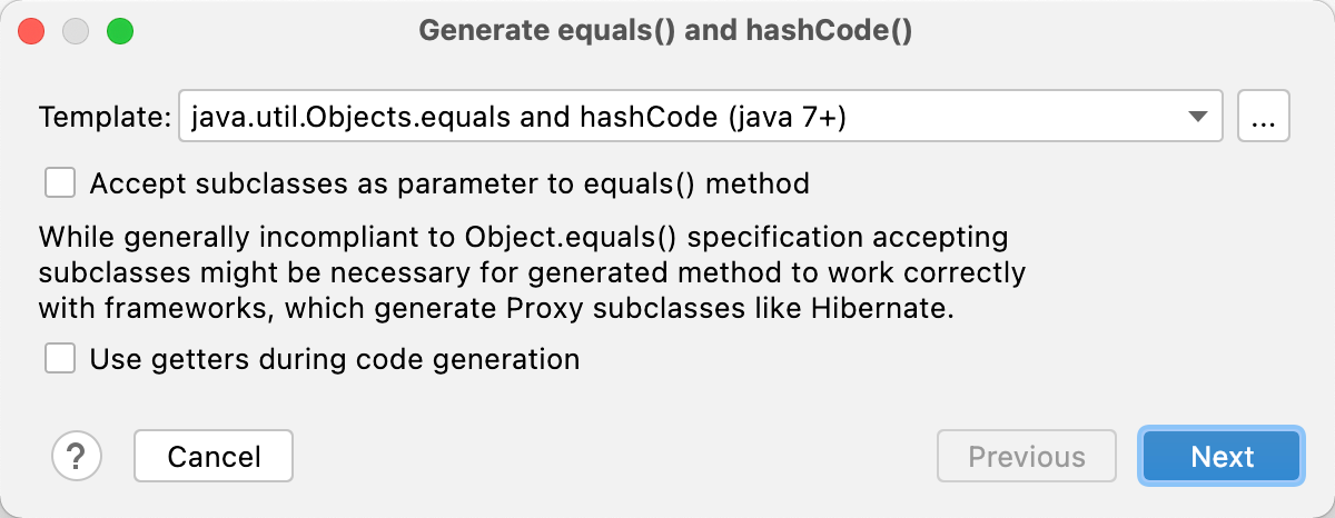 生成 equals() 和 hashCode() 对话框