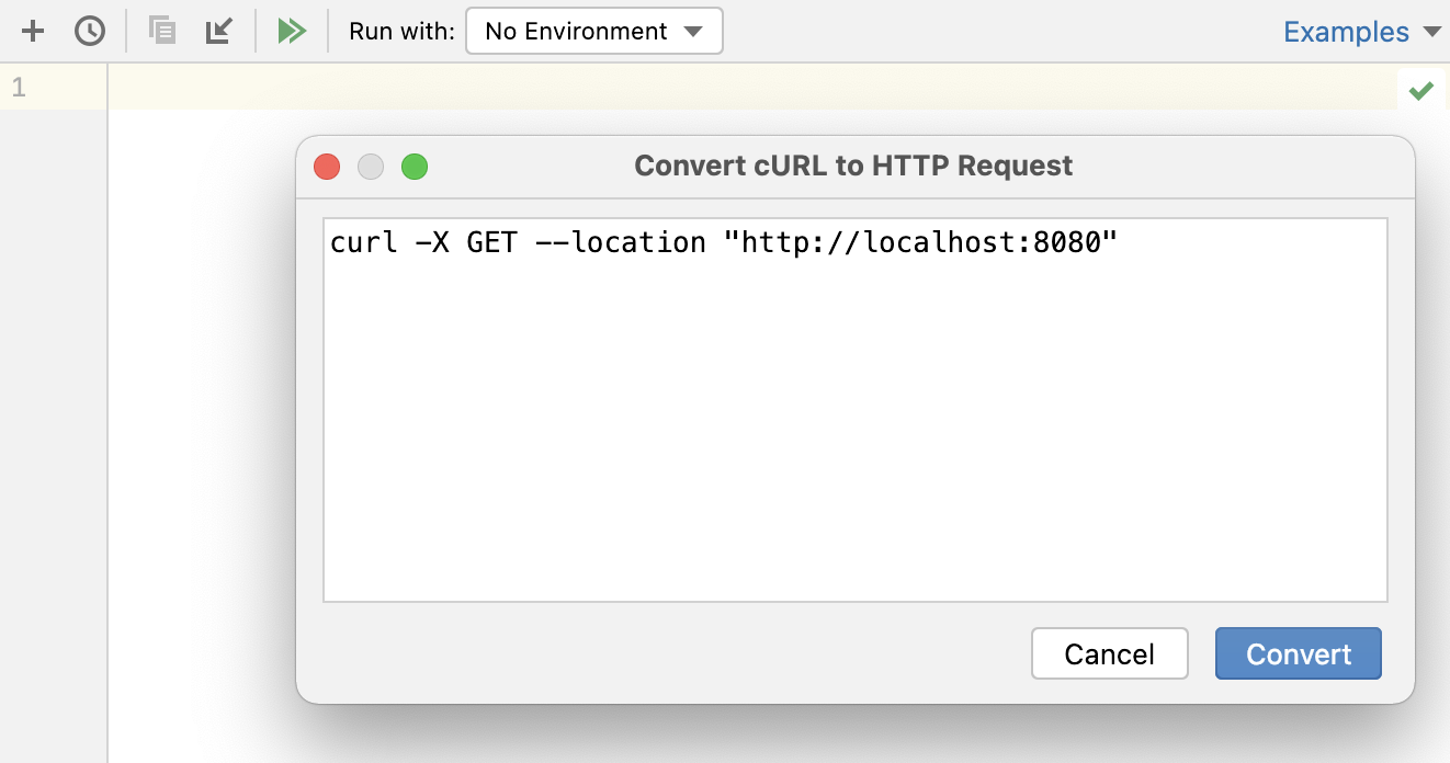 “将 cURL 转换为 HTTP 请求”对话框