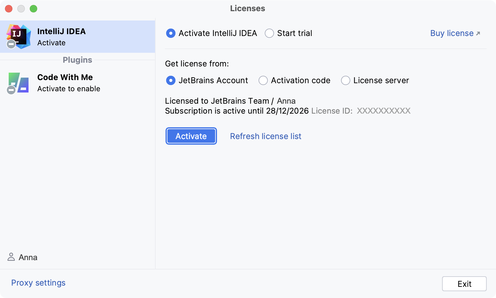 使用 JetBrains 账户激活 IntelliJ IDEA 许可证