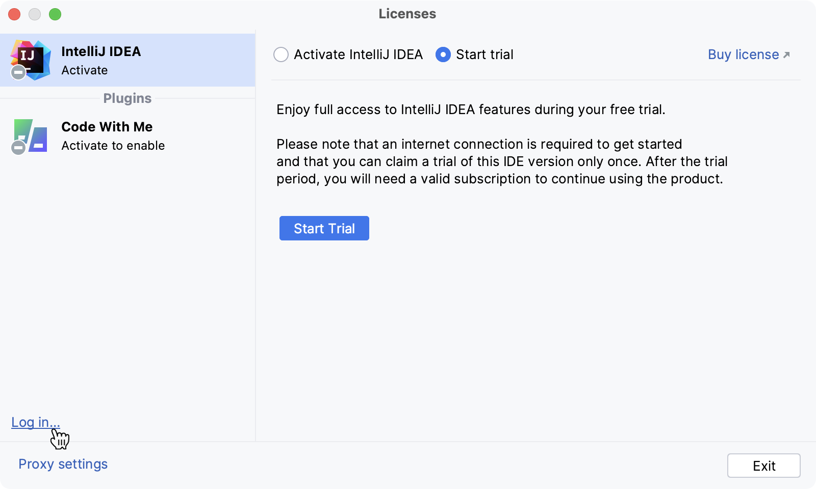 登录 JetBrains 账户开始试用版