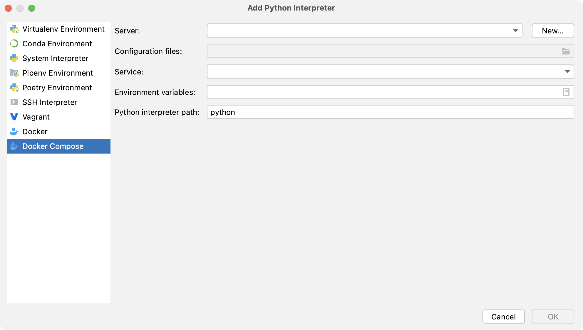 使用 Docker Compose 添加 Python 解释器