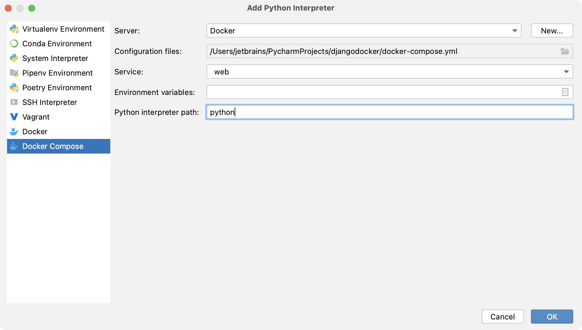 使用 Docker Compose 配置 Python 解释器