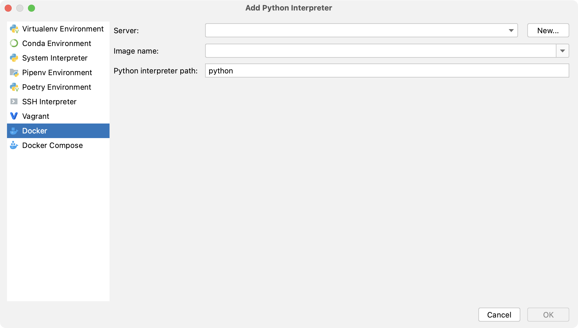 使用 Docker 添加 Python 解释器