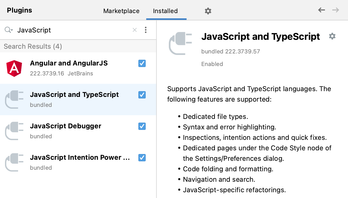 一系列插件：JavaScript 和 TypeScript、JavaScript 调试器