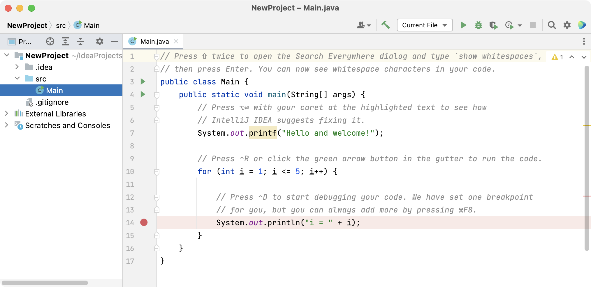 新的 Java 项目在编辑器中提供入门提示
