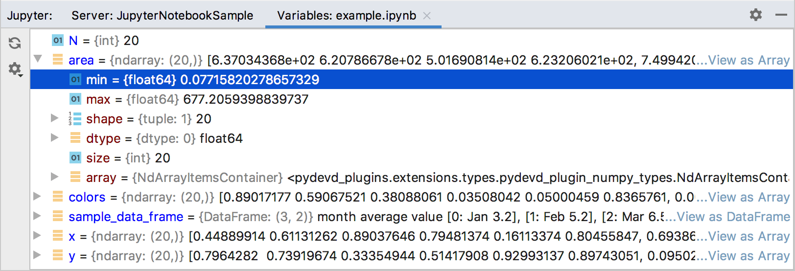 Jupyter服务器工具窗口：“变量”选项卡