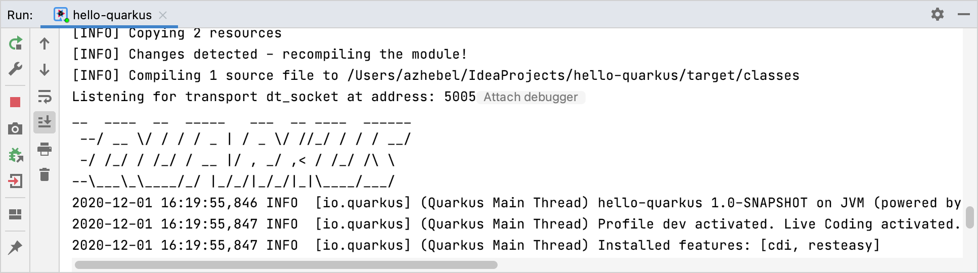 Quarkus 应用程序在“运行”工具窗口中运行
