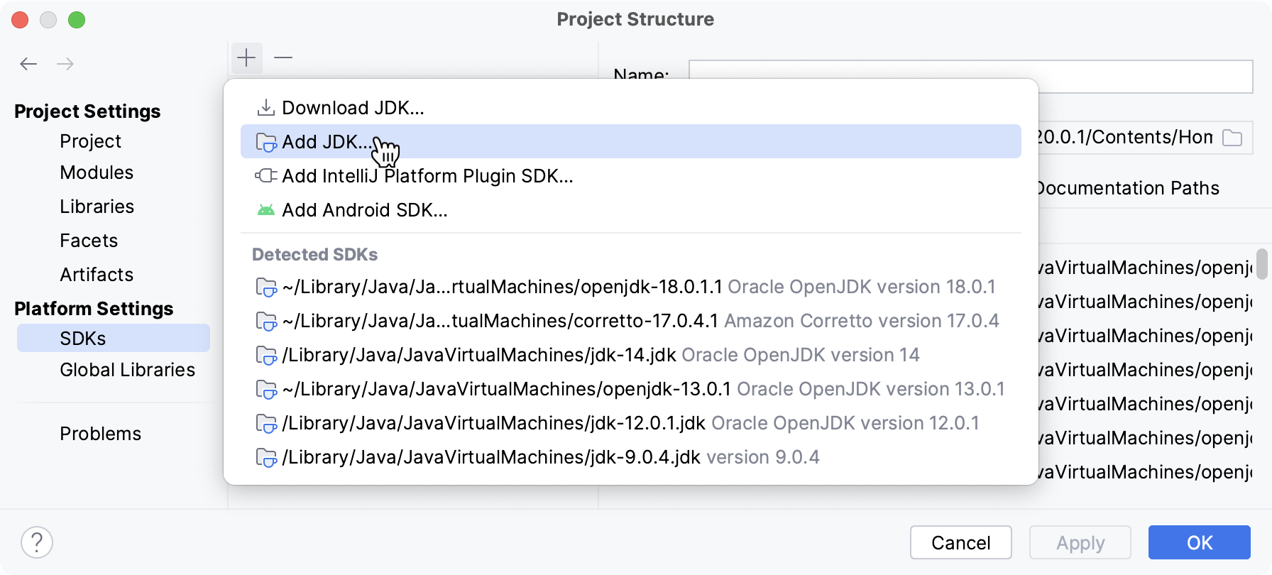 在“项目结构”对话框中显示可用的 SDK