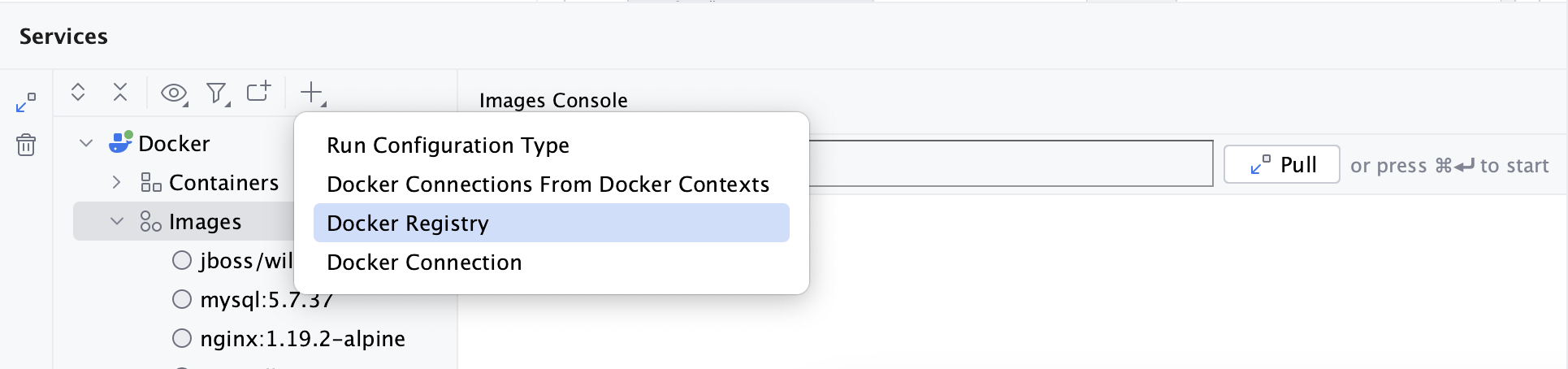 服务工具窗口 - 添加 Docker 注册表