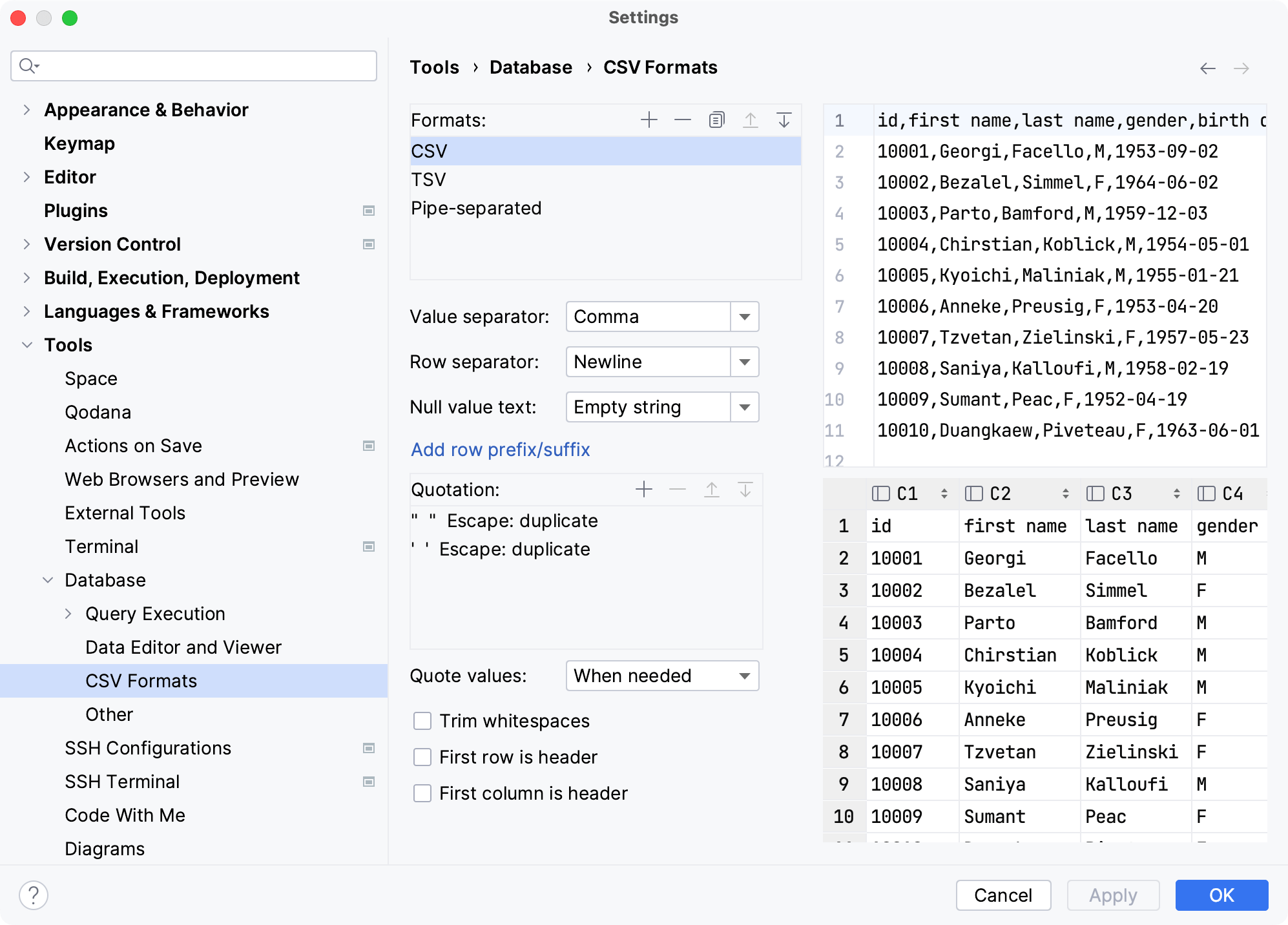 数据库设置的 CSV 格式菜单