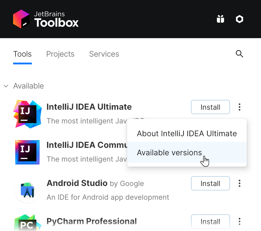 Toolbox 应用程序中的 IntelliJ IDEA