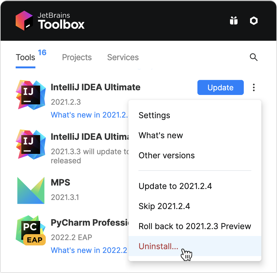 使用 Toolbox 应用程序卸载 IntelliJ IDEA