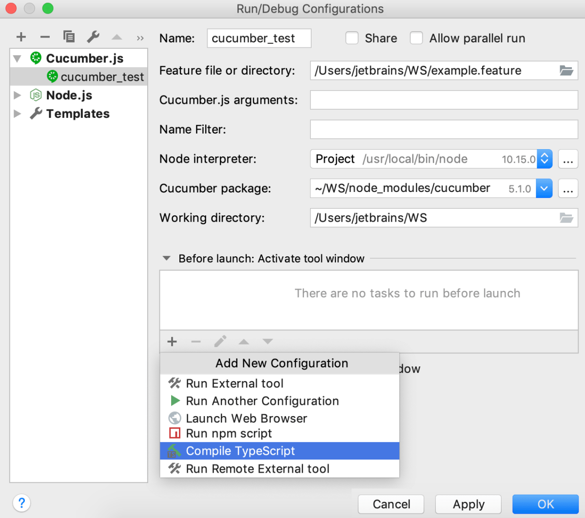 Cucumber.js 运行配置：添加 Compile TypeScript Before launch 任务