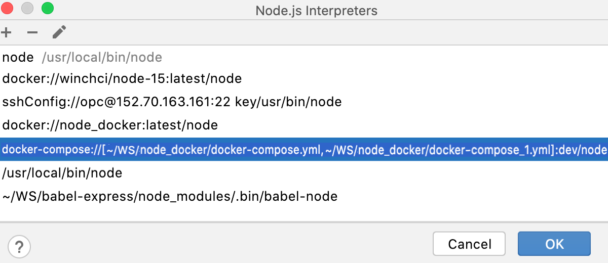 远程解释器对话框：Docker 中的新 Node.js 解释器已添加到列表中