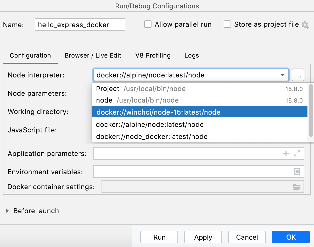 Node.js 与 Docker：运行/调试配置，选择解释器