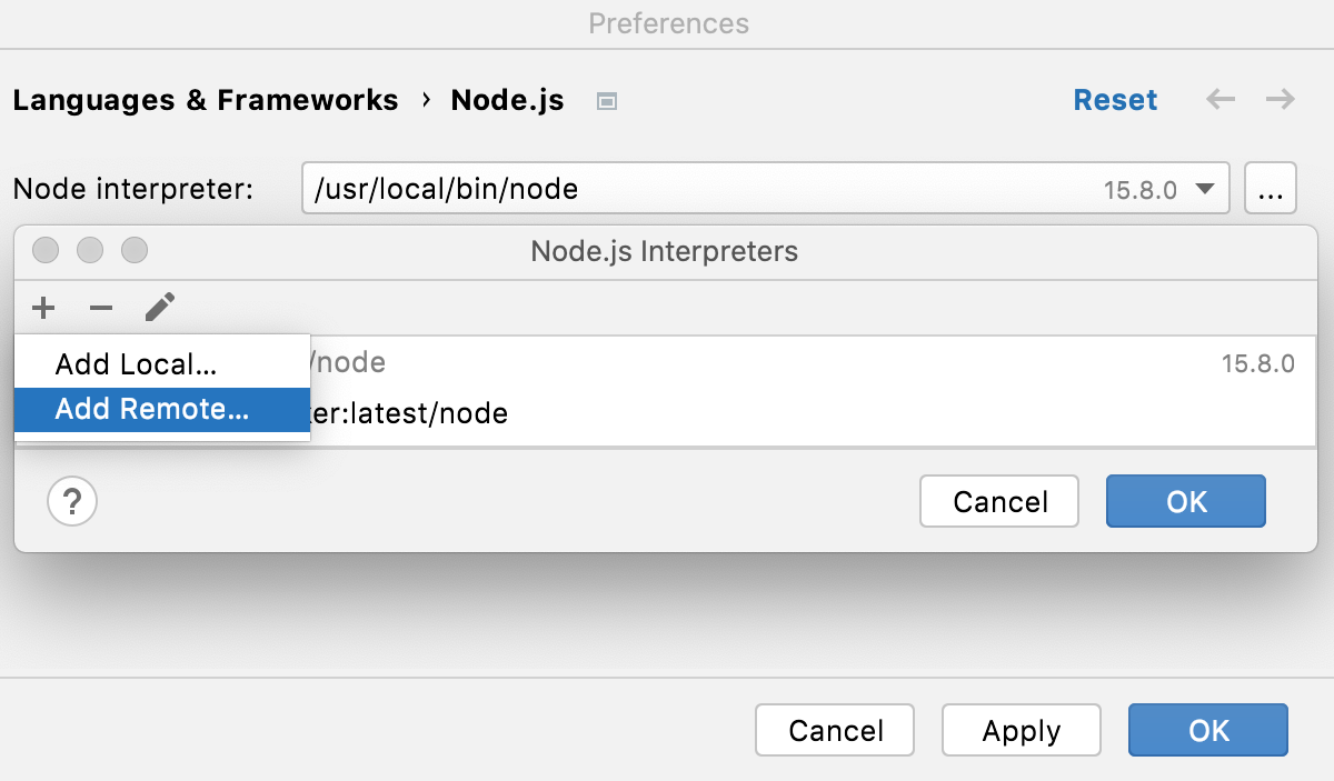 配置 Node.js 远程解释器：添加远程