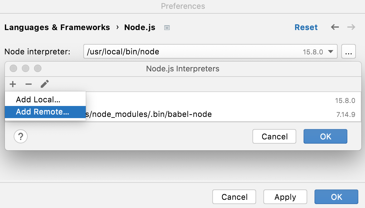 通过 SSH 配置 Node.js 解释器：添加远程
