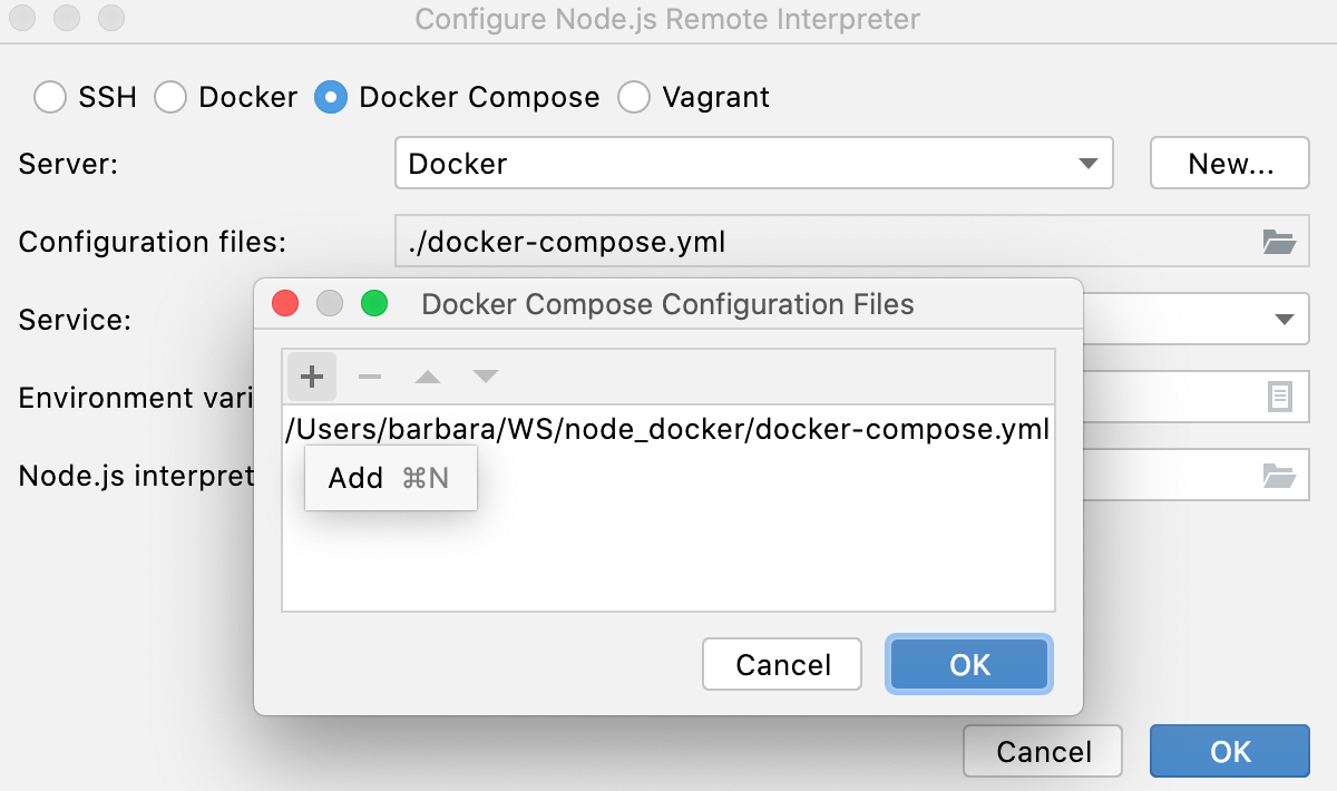 通过 Docker Compose 配置 Node.js 解释器：配置文件