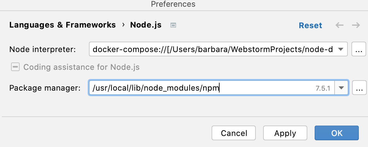 在 Docker 容器中配置 Node.js 解释器：设置为默认项目解释器