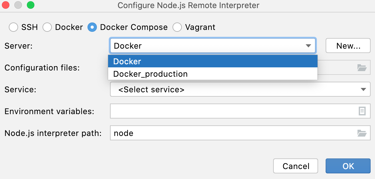 通过 Docker Compose 配置 Node.js 解释器：选择 Docker Server
