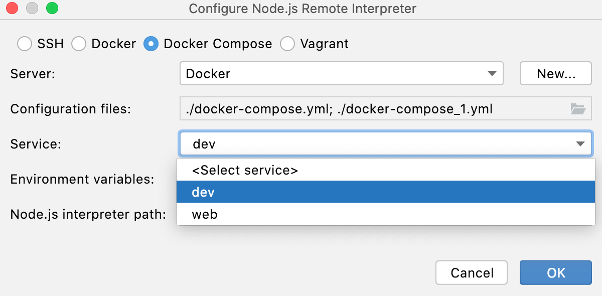 通过 Docker Compose 配置 Node.js 解释器：选择服务