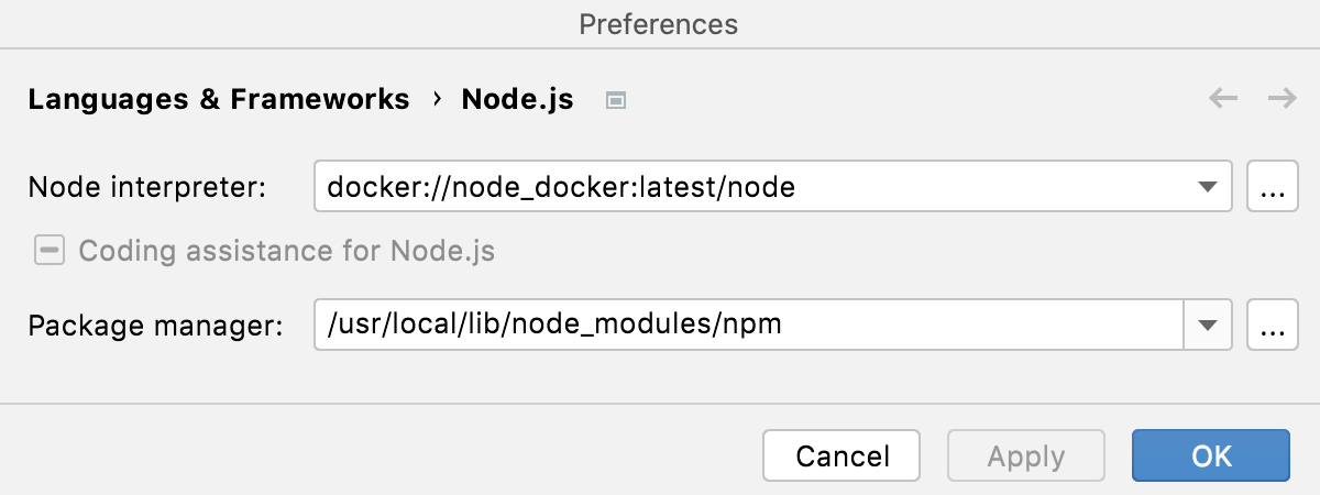 在 Docker 容器中配置 Node.js 解释器：设置为默认项目解释器