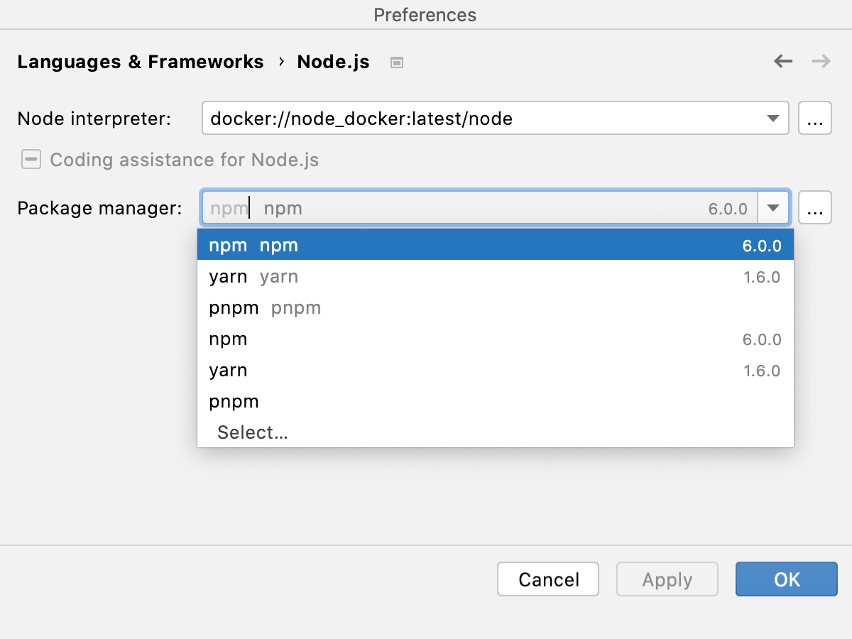 设置：默认选择新配置的远程 Node.js 解释器