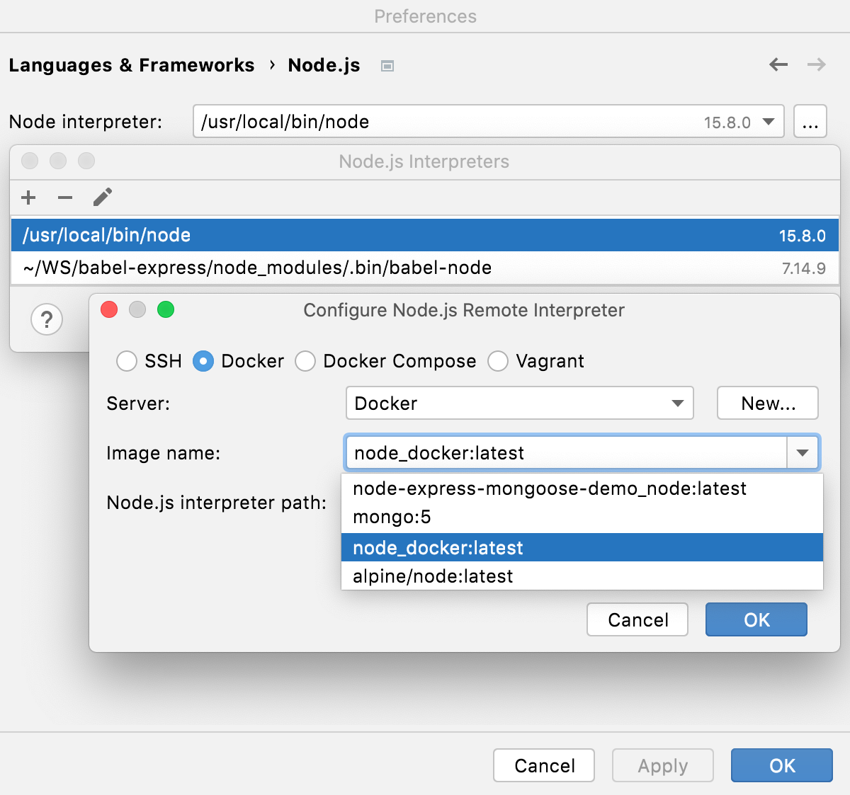 在 Docker 容器中配置 Node.js 解释器：选择 Docker 镜像