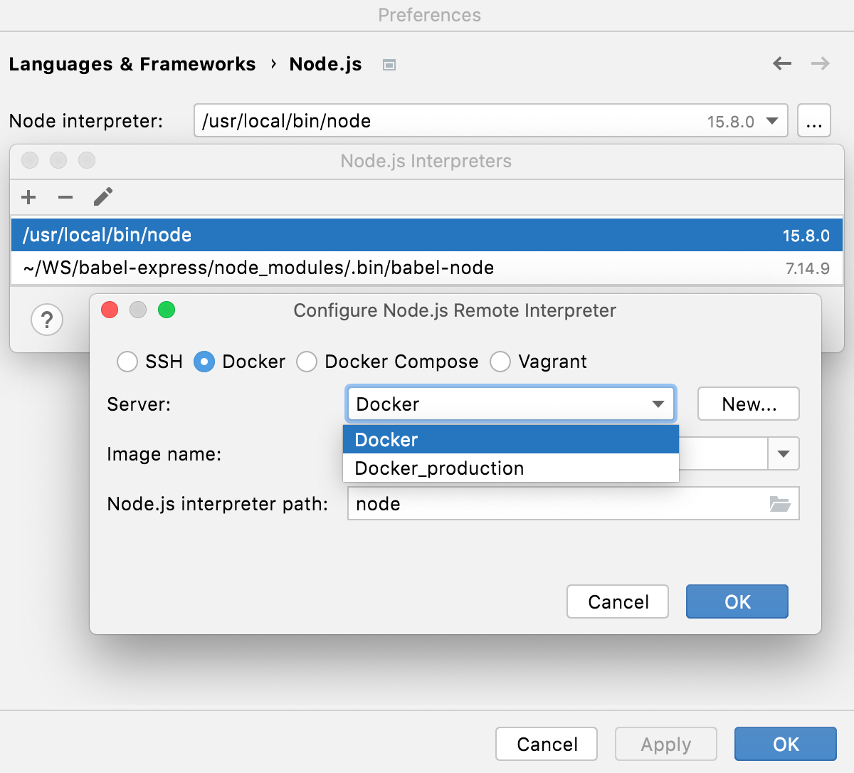 在 Docker 容器中配置 Node.js 解释器：选择 Docker 服务器