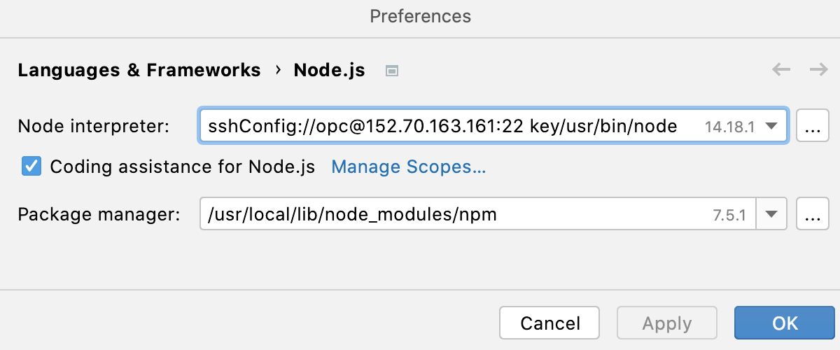 通过 SSH 配置 Node.js 解释器：设置为默认项目解释器