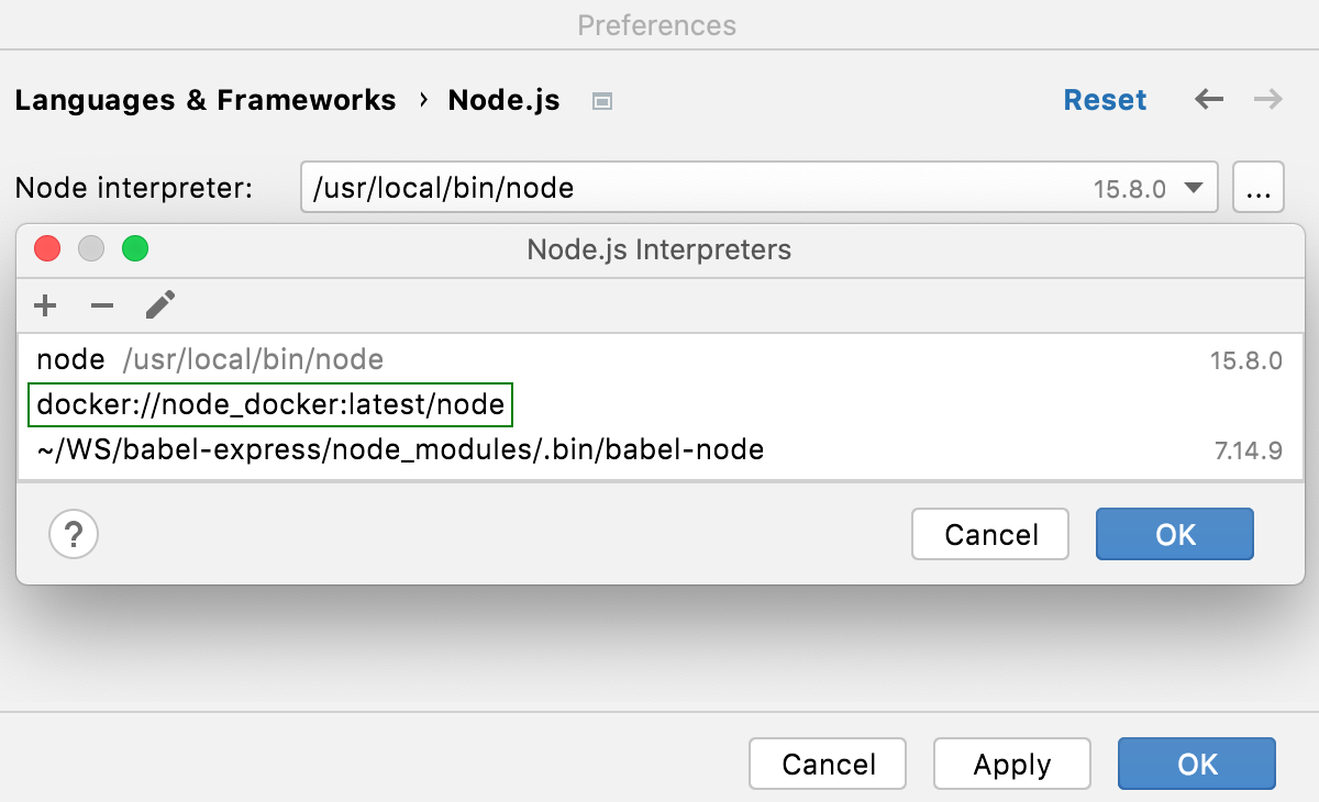 远程解释器对话框：Docker 中的新 Node.js 解释器已添加到列表中