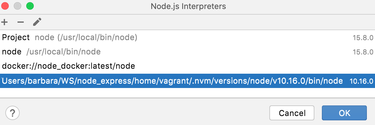 Remote Interpreters 对话框：Vagrant 环境中的新 Node.js 解释器已添加到列表中