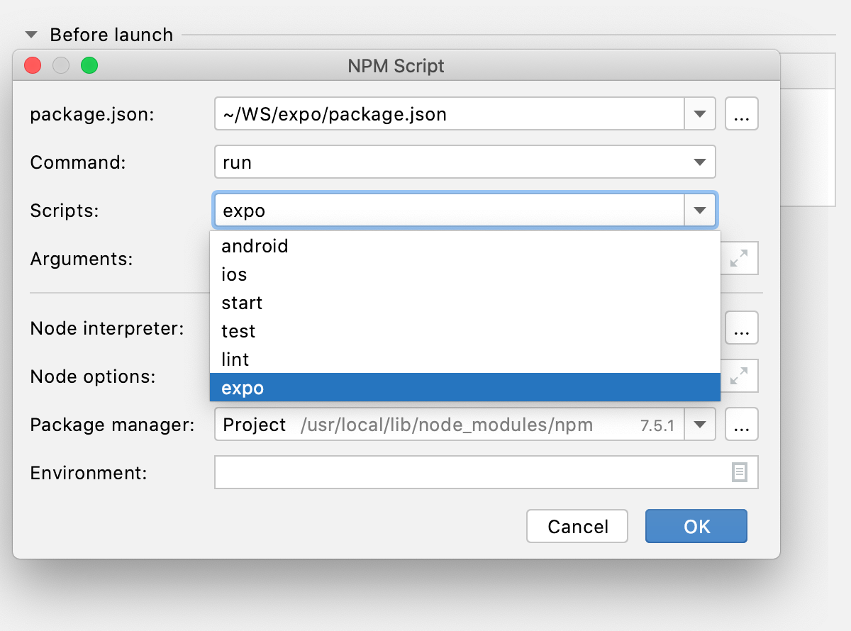 用于使用 Expo 进行调试的 React Native 调试配置：选择 npm 脚本来运行 Expo